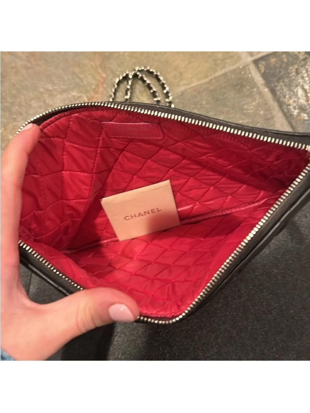 CHANEL Quilted Chain Pouch - Black Exterior, Red Interior